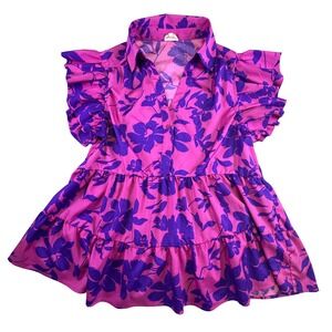 Shop The Mint Floral Ruffle Sleeve Tiered Babydoll Top Pink Purple XL T0718